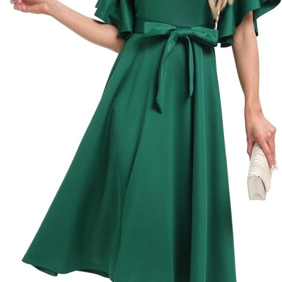 Women's Cocktail Dress Polyester V-Neck Ruffled Sleeve Elegant Party Wear - Picture 2 of 8